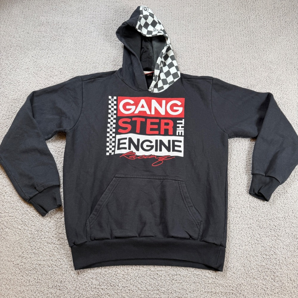 Y2K Racing Graphic Hoodie Checkerboard Hood Streetwear Skater Motorsport Medium